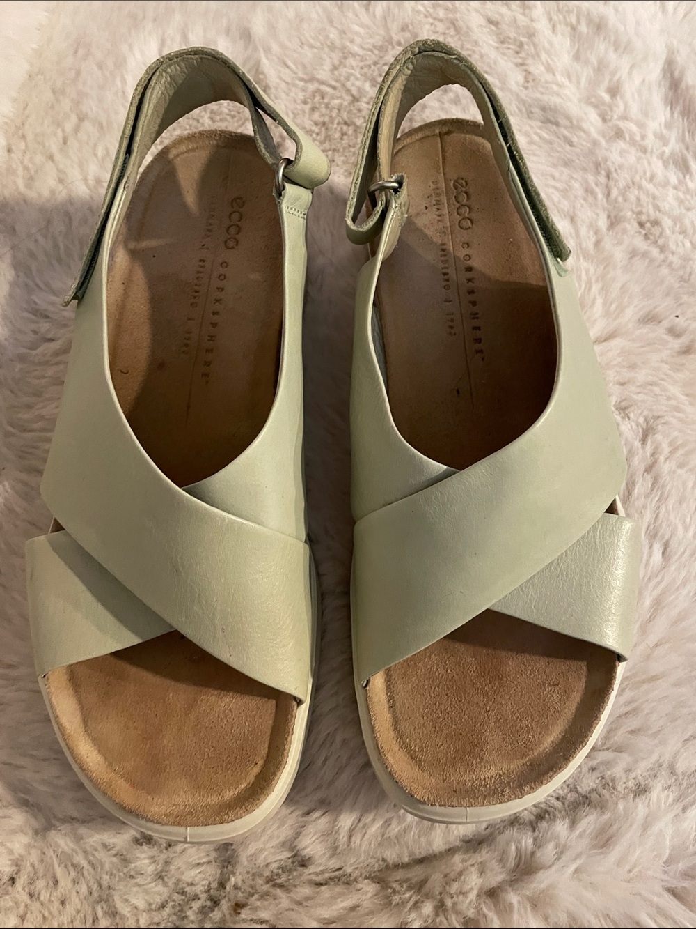 ECCO Women's Corksphere Wedge Mint Green Leather Sandals EU 39 8/8.5